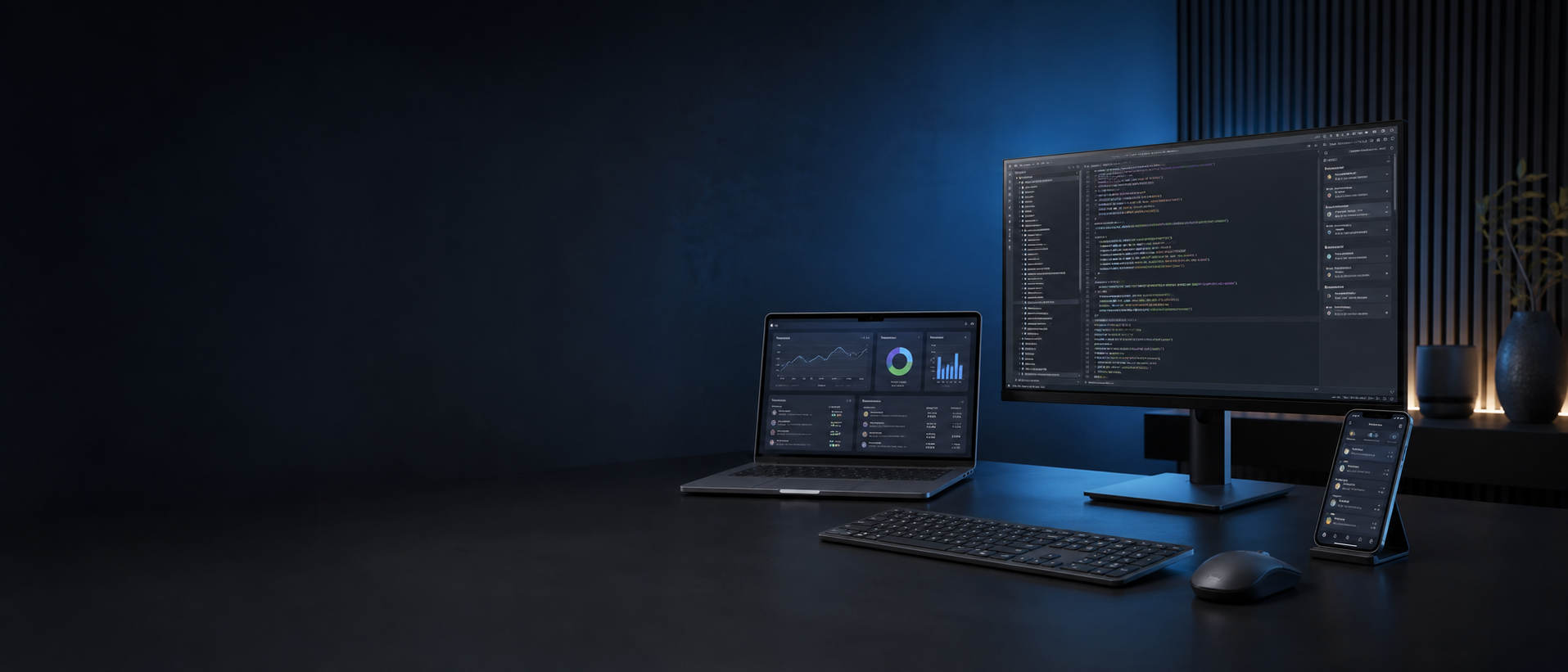 Kod geliştirme, iş analitiği ve mobil operasyon ekranları bulunan profesyonel çalışma istasyonu